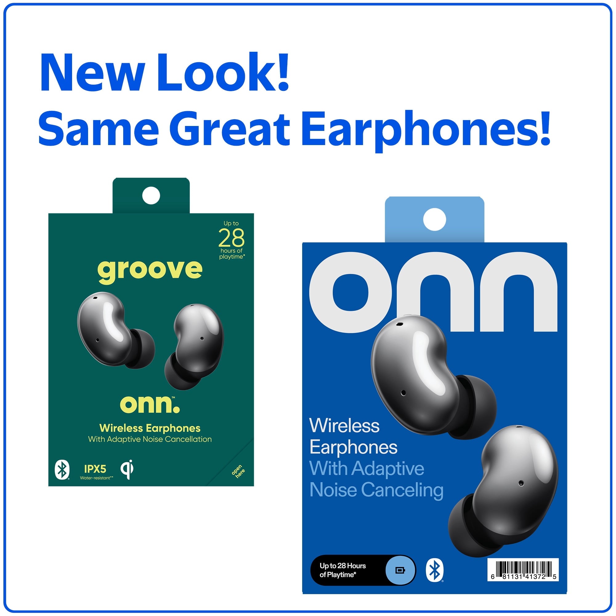 New - onn. Wireless Earphones with Adaptive Noise Cancellation & Charging Case, Black