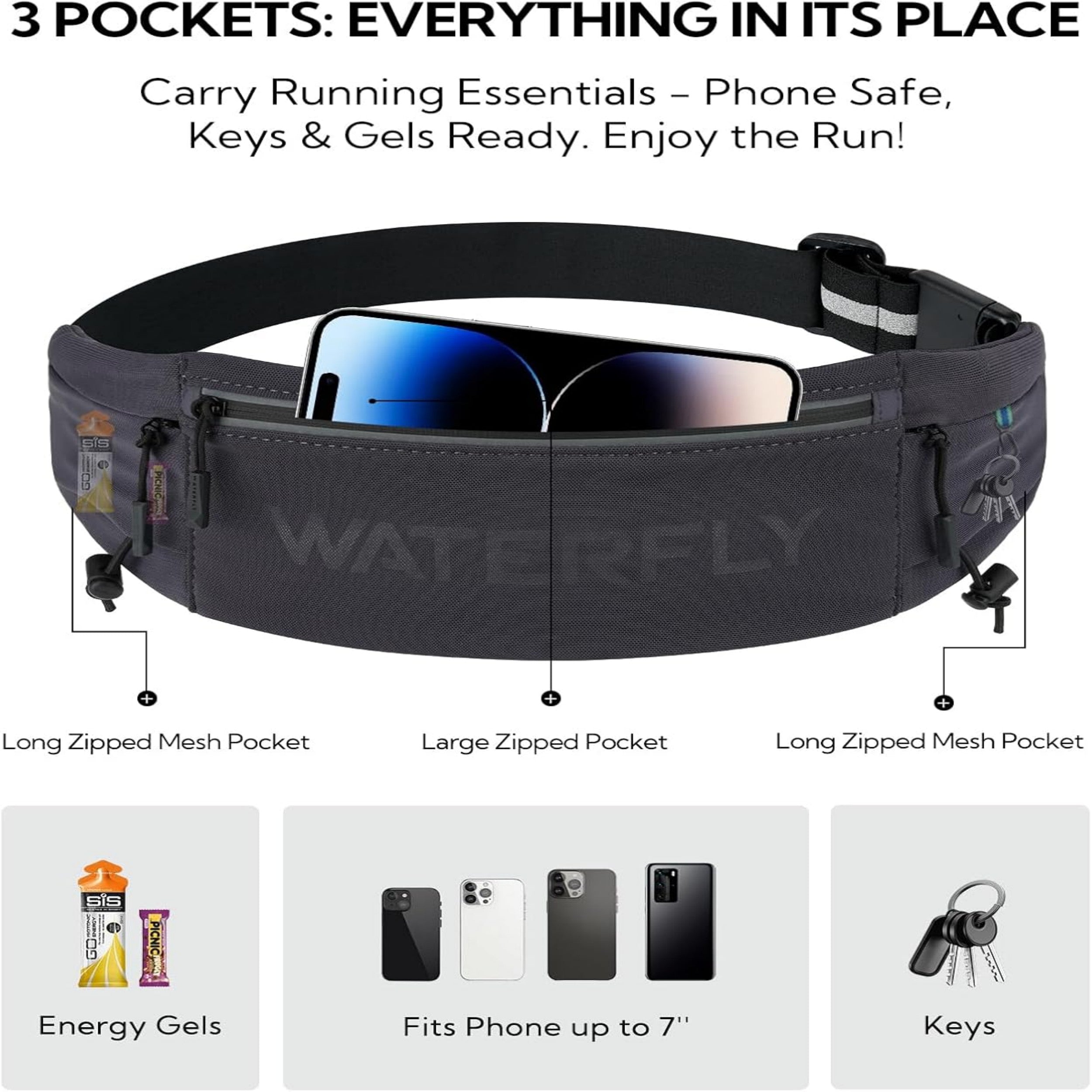WATERFLY Unisex Adjustable Sports Jogging Fitness Nylon Running Waist Belt Band,Black