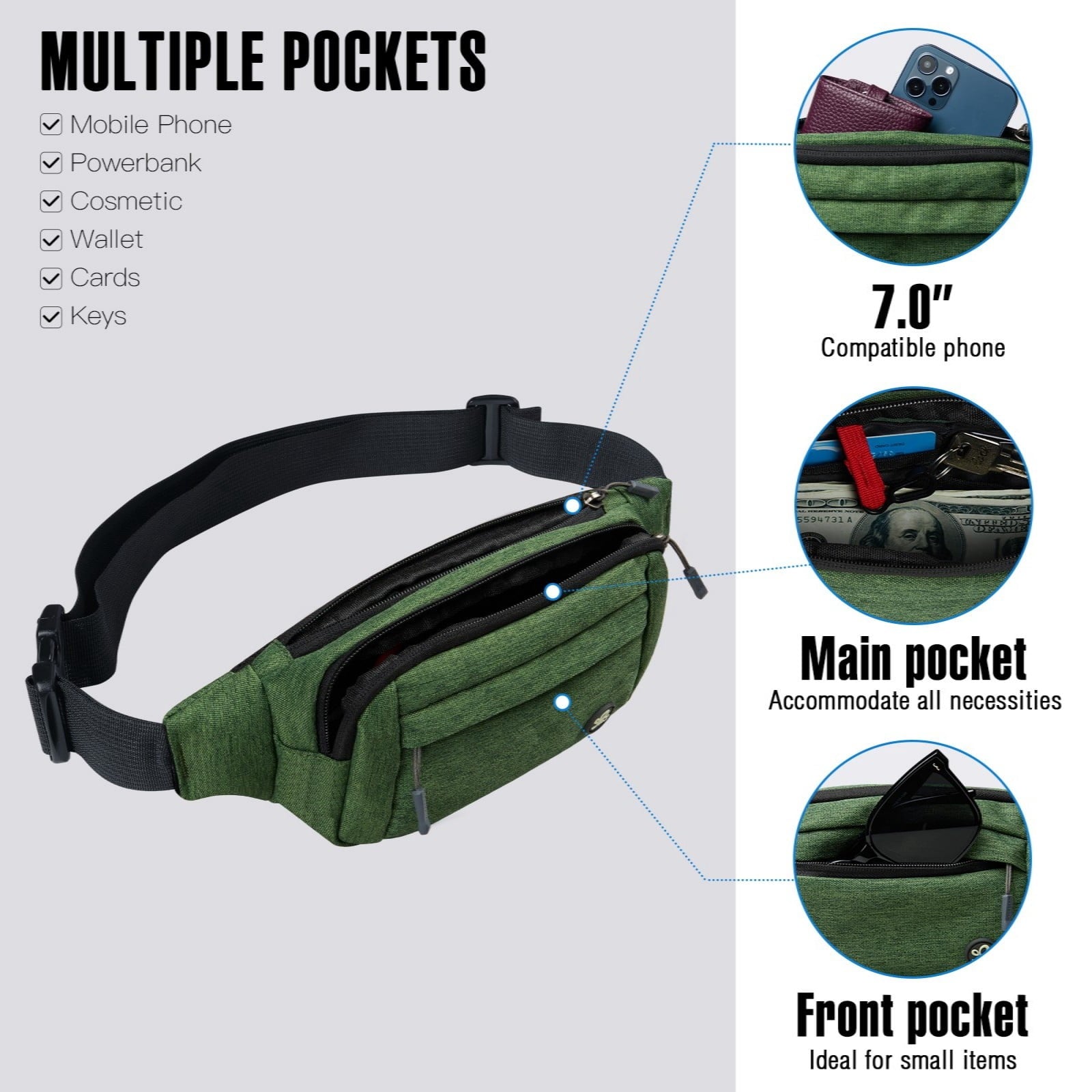 WATERFLY Unisex Lightweight Running Hiking Jogging Nylon Fanny Pack Waist Bag-Dark Blue