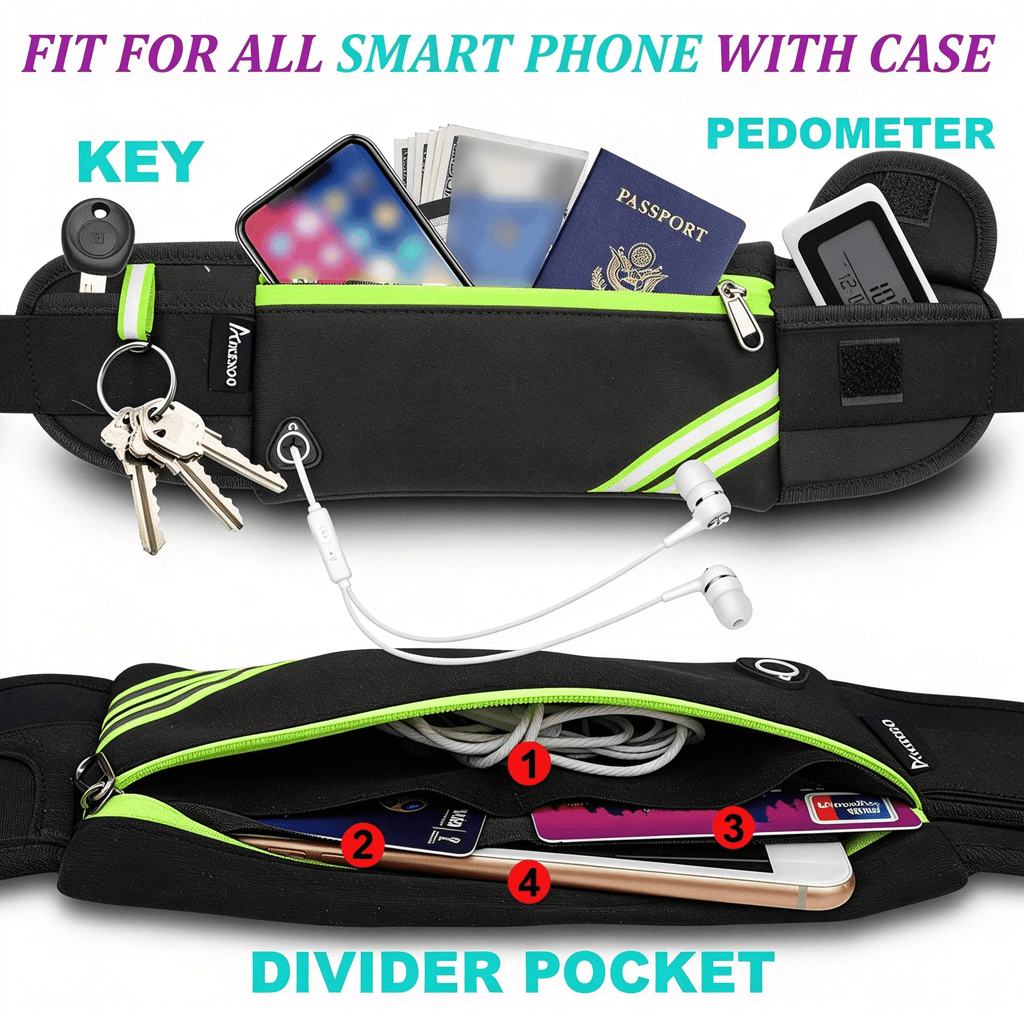 AOMRCOL Slim Running Belt Fanny Pack Phone Holder Money Belt Women and Men | Waist Pack Bag for Hiking Cycling Workout Travelling, Reflective Runners Belt Jogging Pouch, Sport Gear Accessories