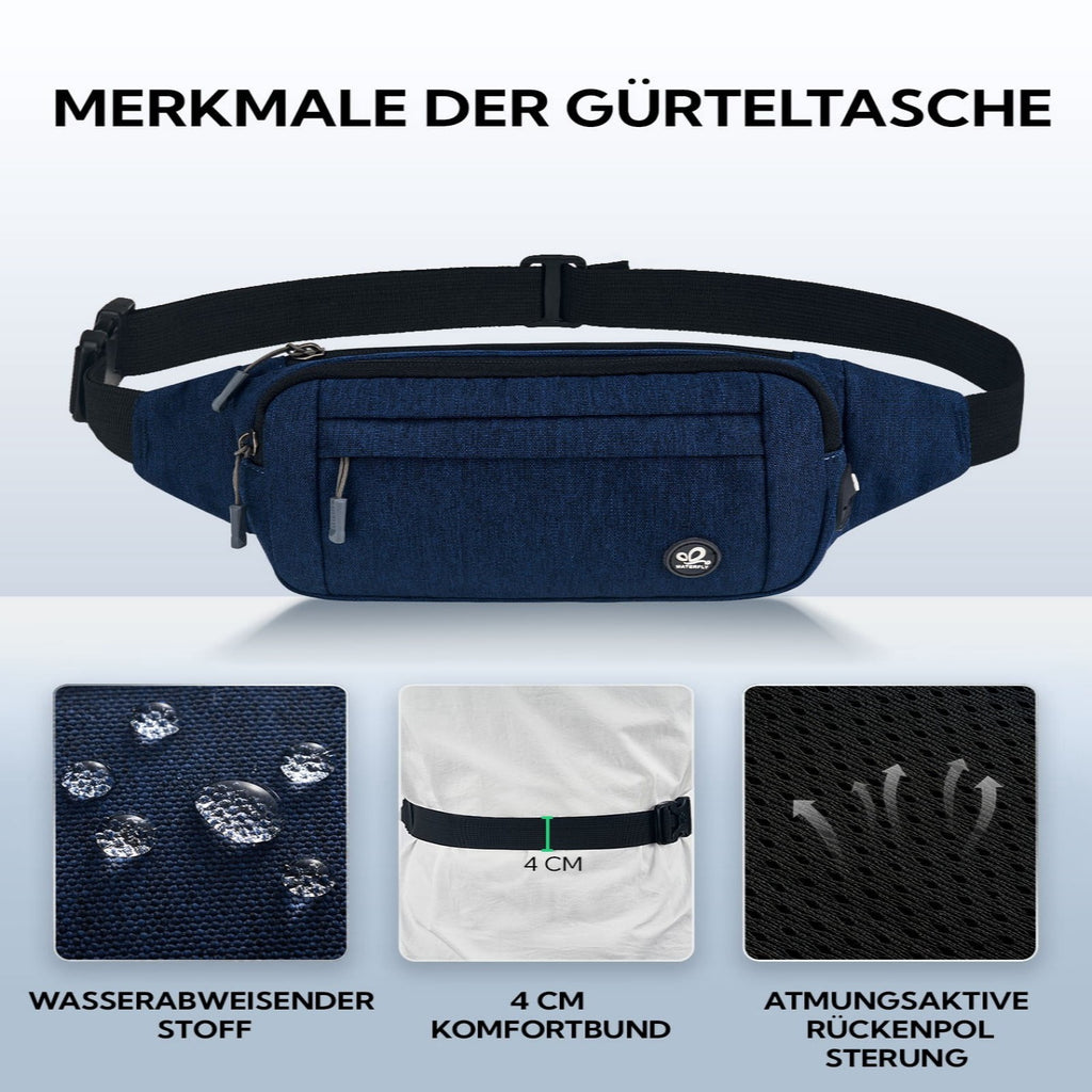 WATERFLY Unisex Lightweight Running Hiking Jogging Nylon Fanny Pack Waist Bag-Dark Blue