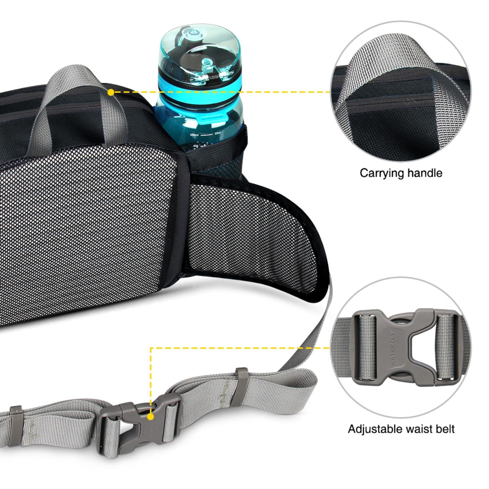 WATERFLY Unisex Large Capacity Hiking with Bottle Holder Nylon Fanny Pack Waist Bag,Gray