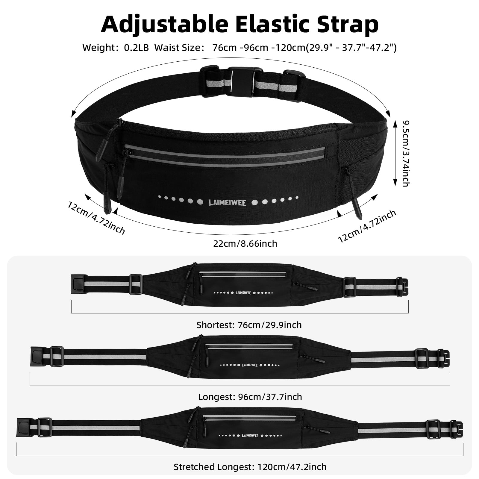 LAIMEIWEE Lightweight Running Belt，Water-Resistant Waist Pack for Women Men, 4-Zone Organization, Reflective strips Design for Marathon Training, Jogging, Hiking, Commuting（Black）