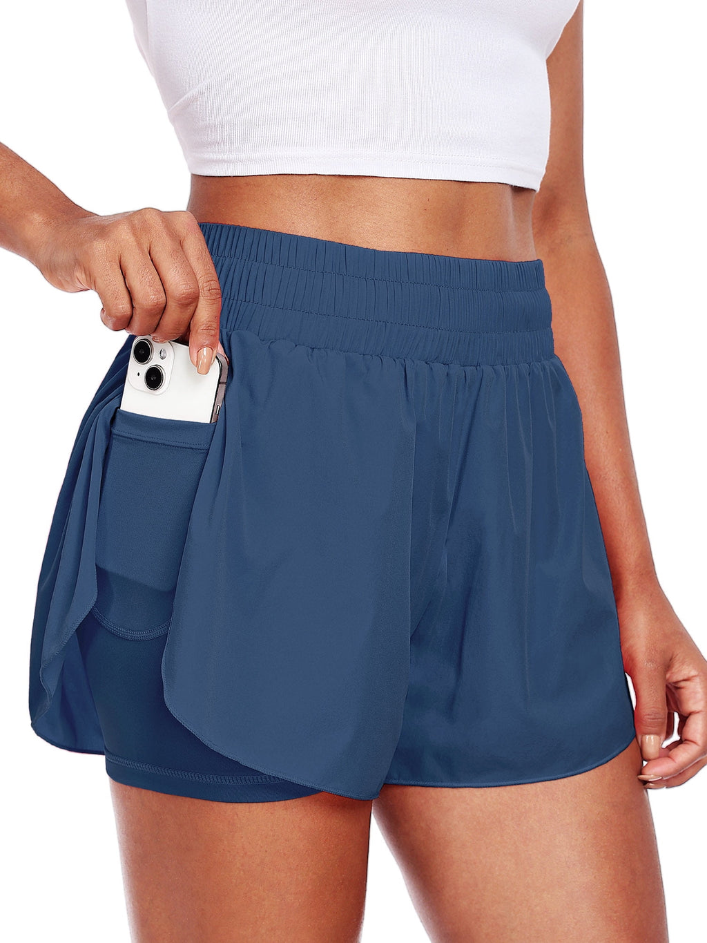 NELEUS Womens 2 in 1 Workout Yoga Shorts for Athletic Gym Running Casual Summer Short with Pocket,Navy Blue,US Size L