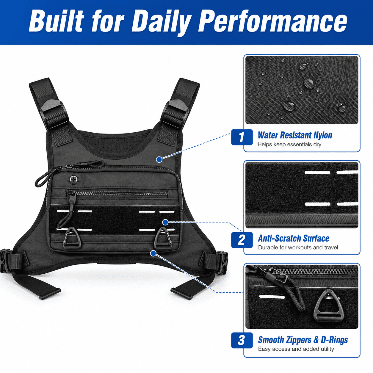 Sports Chest Bag for Men Water Resistant Lightweight Front Running Vest Bag With Phone Holder & Extra Storage for Workouts Cycling Black